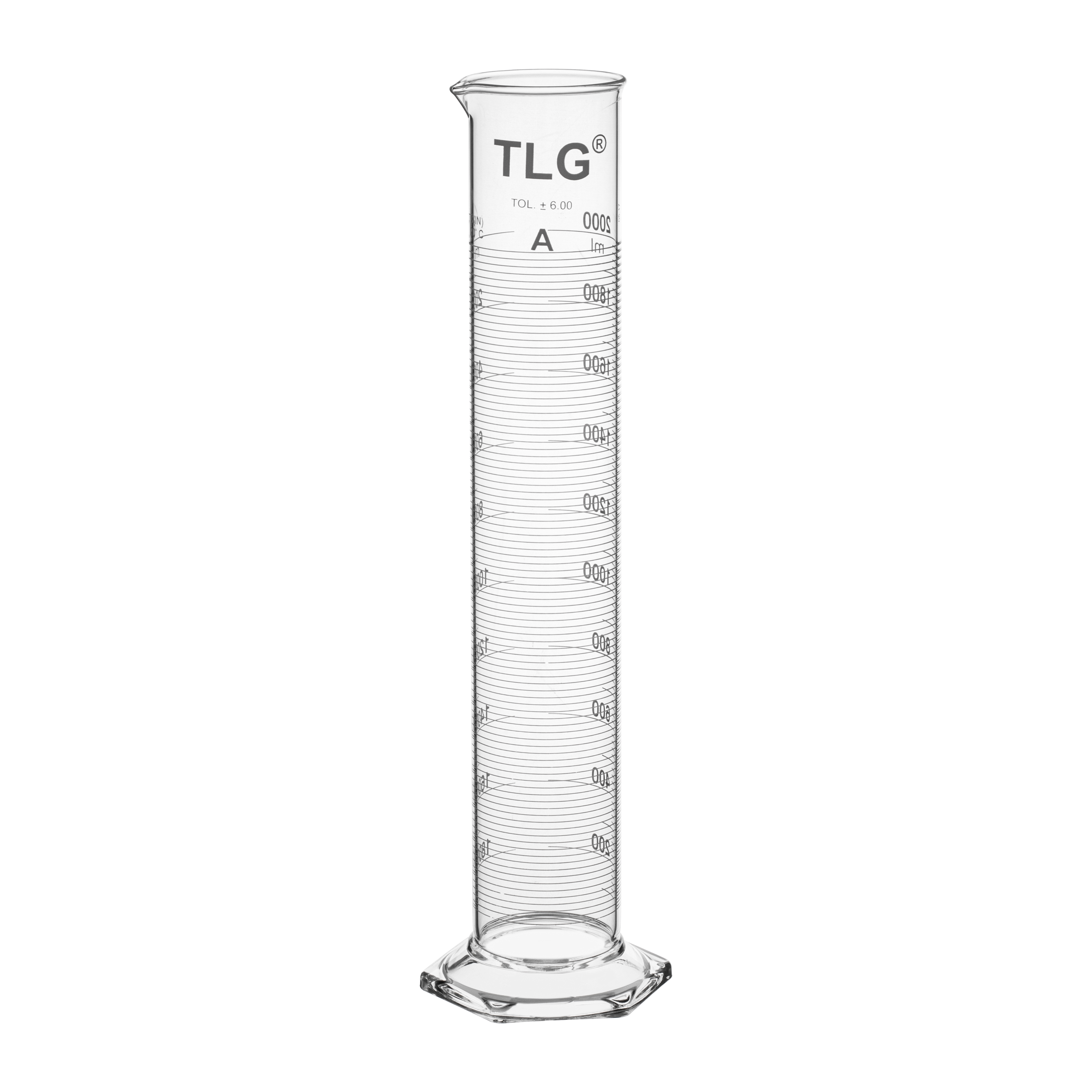 Cylinders, To Contain (TC) Class A, White Scale, With Single Metric Graduations, Bumper, Capacity 2000mL, Graduation Interval 100 to 2000, Tolerance ±6.00, As Per USP Standards