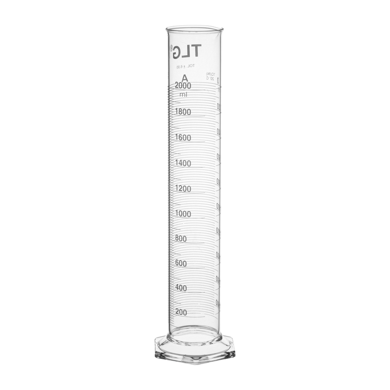 Cylinders, To Contain (TC) Class A, White Scale, With Single Metric Graduations, Bumper, Capacity 2000mL, Graduation Interval 100 to 2000, Tolerance ±6.00, As Per USP Standards