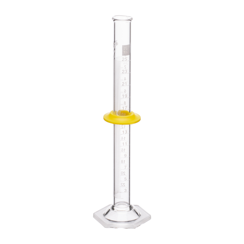 Cylinders, To Contain (TC) Class A, White Scale, With Double Metric Graduations, Bumper, Capacity 25mL, Graduation Interval 2 to 25, Tolerance ±0.14, As Per USP Standards