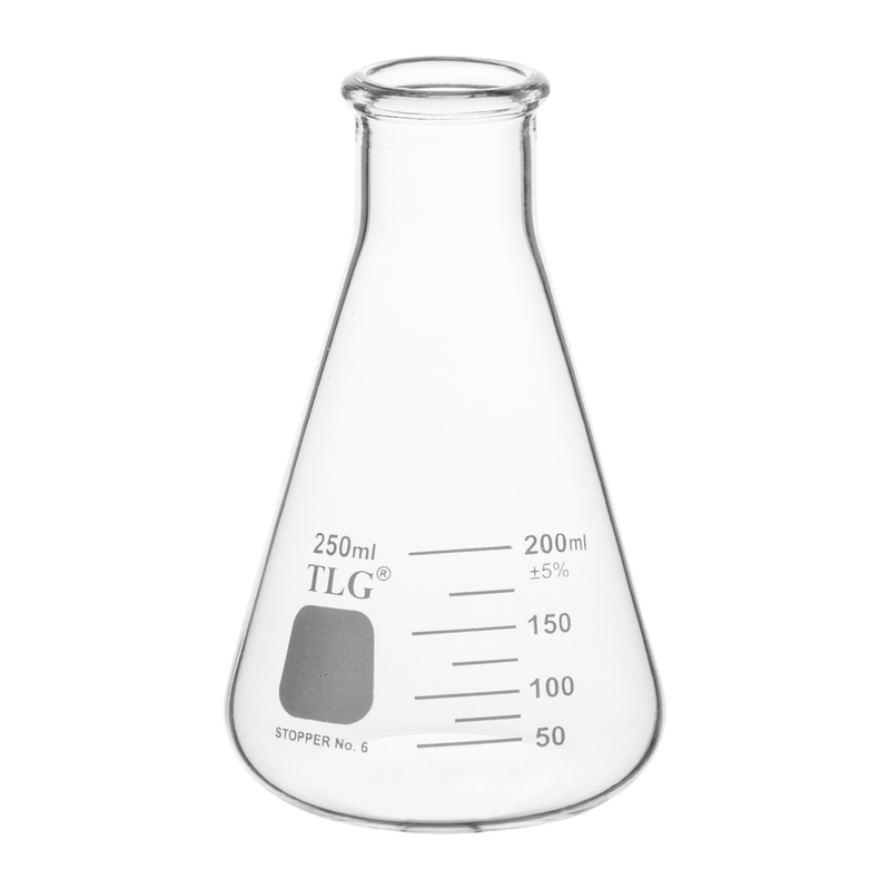 Erlenmeyer Flask, Narrow Neck With Graduation, Capacity 250mL, Rubber Stopper 6