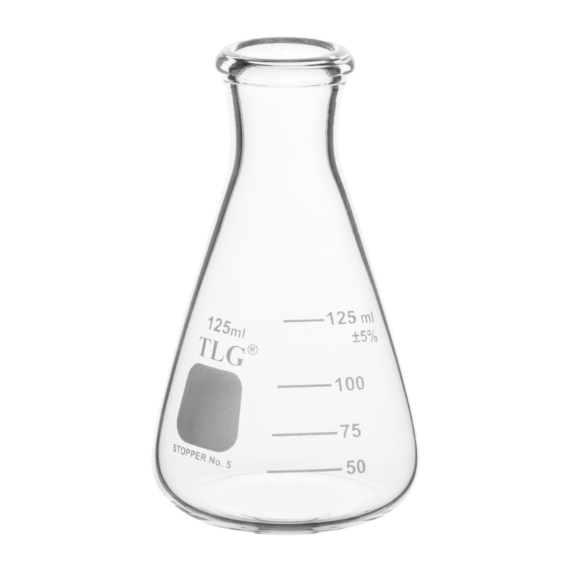 Fiole Erlenmeyer, col étroit avec graduation, capacité 125 ml, bouchon en caoutchouc 5