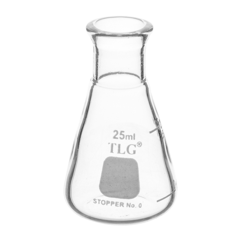 Fiole Erlenmeyer, col étroit avec graduation, capacité 25 ml, bouchon en caoutchouc 0