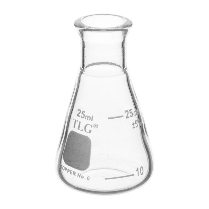 Fiole Erlenmeyer, col étroit avec graduation, capacité 25 ml, bouchon en caoutchouc 0