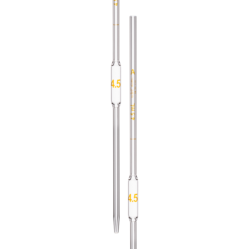 Pipette Volumetric, With One Mark, Accuracy As Per Class A, Capacity(mL) 4.5, Non Serialized, Tolerance ± 0.01 mL, As Per USP Standards