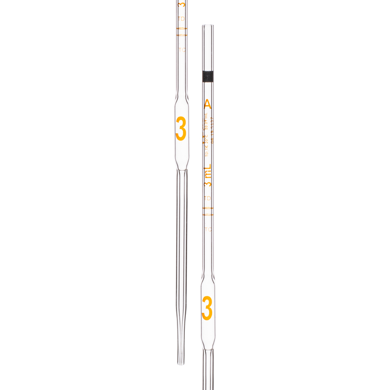 Pipette volumétrique, avec deux marques, pour contenir (TC) et pour délivrer (TD), précision selon la classe A, capacité (mL) 3, sérialisée individuellement