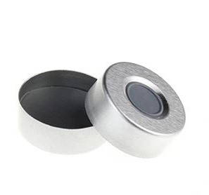 Open Top Aluminium Cap(10mm Hole) with Molded Pharma-Fix-Septas, Grey PTFE/Butyl 3mm thick.