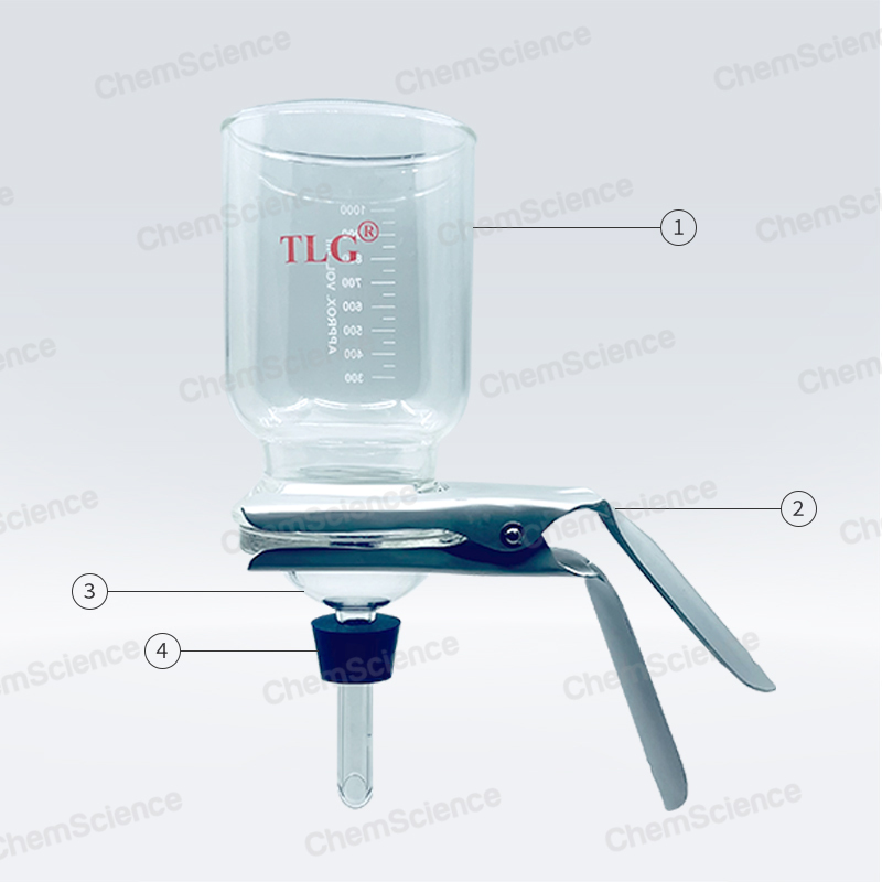 Complete apparatus having, Glass Funnel 300 mL, Glass Fritted Support Base with No. 8 Silicone Stopper, Aluminum Clamp